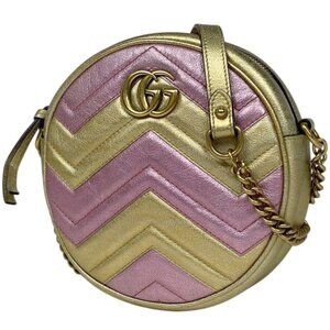 Gucci GG Marmont Round Mini Chain Shoulder Bag Double Gold Pink